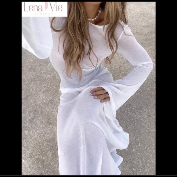Luxury Palm Desert Semi Sheer Long Maxi Dress, Summer Bikini Bell Sleeve Coverup - Picture 4 of 7